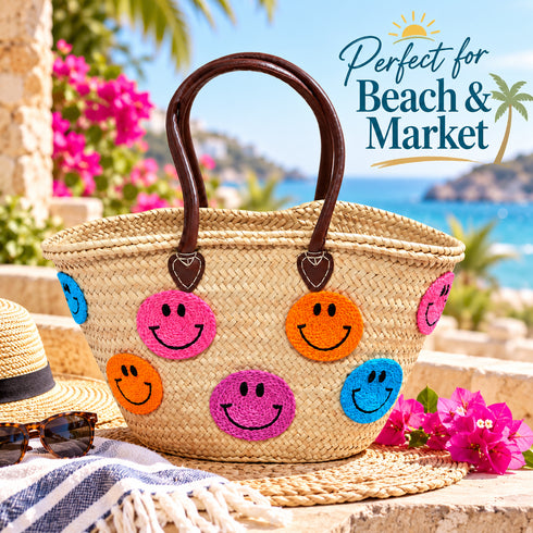 Moroccan Straw Basket Bag, Colorful Smiley Face Beach Tote, Handmade Woven Summer Bag, Brown Leather Handles