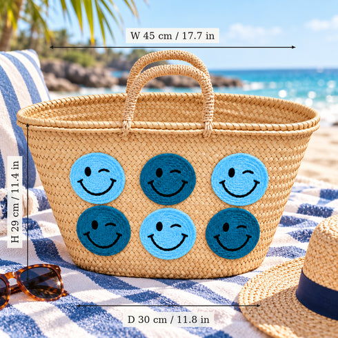 Moroccan Straw Basket Bag, Handmade Blue Smiley Face Tote, Woven Beach Bag, Summer Market Basket, Boho Gift