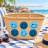 Moroccan Straw Basket Bag, Handmade Blue Smiley Face Tote, Woven Beach Bag, Summer Market Basket, Boho Gift