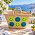 Moroccan Straw Basket Bag, Handmade Blue Smiley Face Tote, Woven Beach Bag, Summer Market Basket, Boho Gift