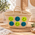 Moroccan Straw Basket Bag, Handmade Blue Smiley Face Tote, Woven Beach Bag, Summer Market Basket, Boho Gift