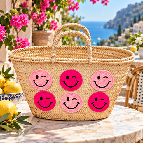 Moroccan Straw Basket Bag, Handmade Blue Smiley Face Tote, Woven Beach Bag, Summer Market Basket, Boho Gift