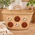 Moroccan Straw Basket Bag, Handmade Blue Smiley Face Tote, Woven Beach Bag, Summer Market Basket, Boho Gift