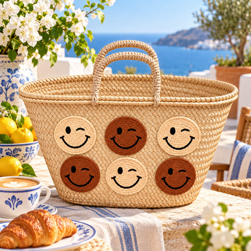 Moroccan Straw Basket Bag, Handmade Blue Smiley Face Tote, Woven Beach Bag, Summer Market Basket, Boho Gift