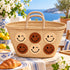 Moroccan Straw Basket Bag, Handmade Blue Smiley Face Tote, Woven Beach Bag, Summer Market Basket, Boho Gift