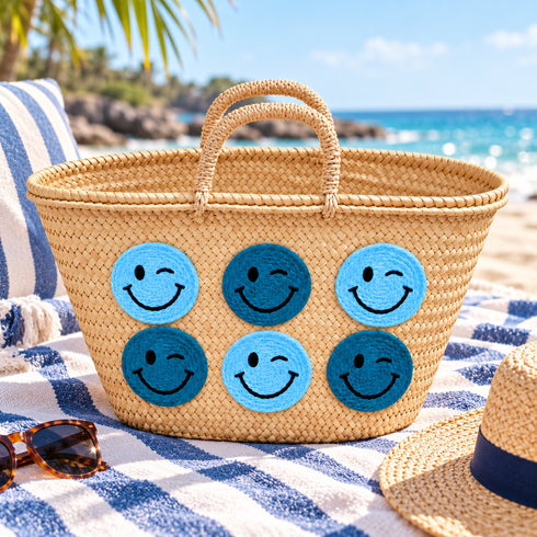 Moroccan Straw Basket Bag, Handmade Blue Smiley Face Tote, Woven Beach Bag, Summer Market Basket, Boho Gift