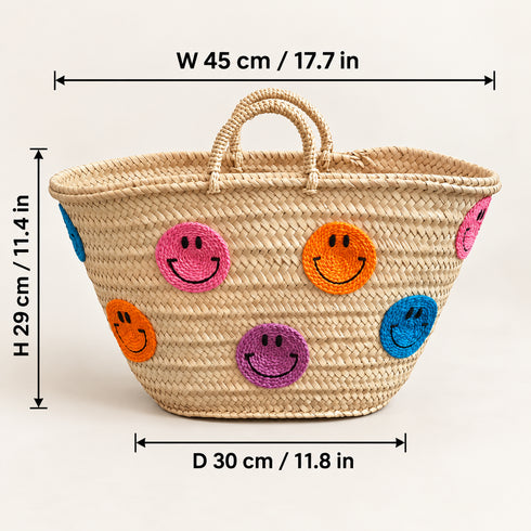 Moroccan Straw Basket Bag, Handmade Colorful Smiley Face Tote, Woven Beach Bag, Boho Summer Market Basket