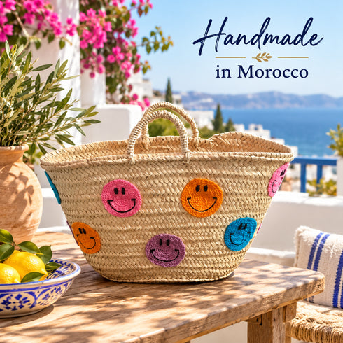 Moroccan Straw Basket Bag, Handmade Colorful Smiley Face Tote, Woven Beach Bag, Boho Summer Market Basket