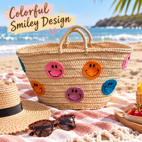 Moroccan Straw Basket Bag, Handmade Colorful Smiley Face Tote, Woven Beach Bag, Boho Summer Market Basket