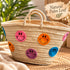Moroccan Straw Basket Bag, Handmade Colorful Smiley Face Tote, Woven Beach Bag, Boho Summer Market Basket