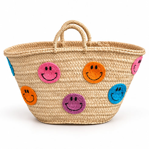 Moroccan Straw Basket Bag, Handmade Colorful Smiley Face Tote, Woven Beach Bag, Boho Summer Market Basket
