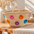 Moroccan Straw Basket Bag, Handmade Colorful Smiley Face Tote, Woven Beach Bag, Boho Summer Market Basket