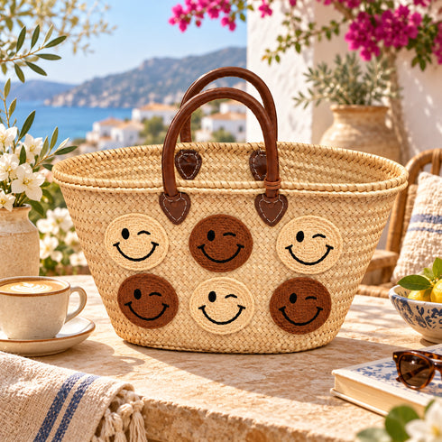 Moroccan Straw Basket Bag, Handmade Woven Beach Tote, Colorful Smiley Face Summer Bag, Leather Handles