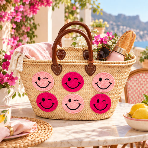 Moroccan Straw Basket Bag, Handmade Woven Beach Tote, Colorful Smiley Face Summer Bag, Leather Handles