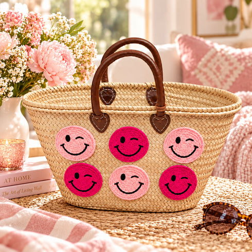 Moroccan Straw Basket Bag, Handmade Woven Beach Tote, Colorful Smiley Face Summer Bag, Leather Handles