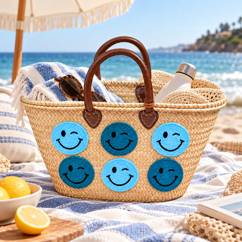Moroccan Straw Basket Bag, Handmade Woven Beach Tote, Colorful Smiley Face Summer Bag, Leather Handles