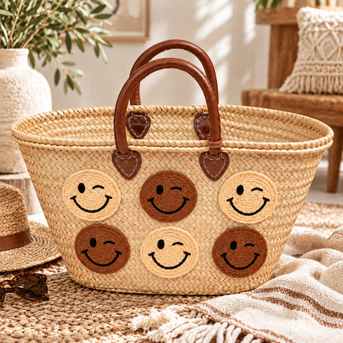 Moroccan Straw Basket Bag, Handmade Woven Beach Tote, Colorful Smiley Face Summer Bag, Leather Handles