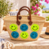 Moroccan Straw Basket Bag, Handmade Woven Beach Tote, Colorful Smiley Face Summer Bag, Leather Handles