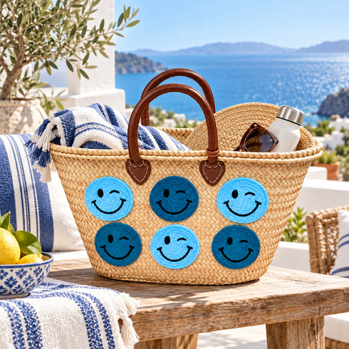 Moroccan Straw Basket Bag, Handmade Woven Beach Tote, Colorful Smiley Face Summer Bag, Leather Handles