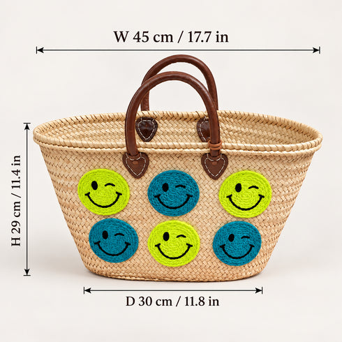 Moroccan Straw Basket Bag, Handmade Woven Beach Tote, Colorful Smiley Face Summer Bag, Leather Handles