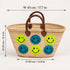 Moroccan Straw Basket Bag, Handmade Woven Beach Tote, Colorful Smiley Face Summer Bag, Leather Handles