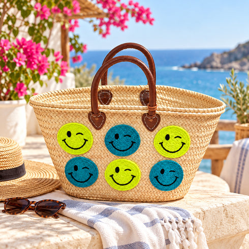 Moroccan Straw Basket Bag, Handmade Woven Beach Tote, Colorful Smiley Face Summer Bag, Leather Handles