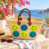 Moroccan Straw Basket Bag, Handmade Woven Beach Tote, Colorful Smiley Face Summer Bag, Leather Handles