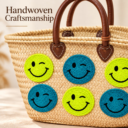 Moroccan Straw Basket Bag, Handmade Woven Beach Tote, Colorful Smiley Face Summer Bag, Leather Handles