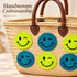Moroccan Straw Basket Bag, Handmade Woven Beach Tote, Colorful Smiley Face Summer Bag, Leather Handles