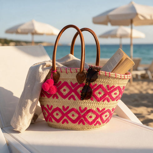 Moroccan Straw Basket Bag, Handwoven Palm Leaf Tote, Leather Handle Beach Bag, Market Basket