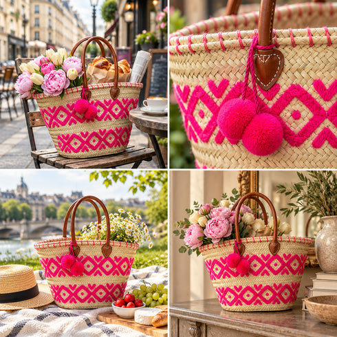 Moroccan Straw Basket Bag, Handwoven Palm Leaf Tote, Leather Handle Beach Bag, Market Basket