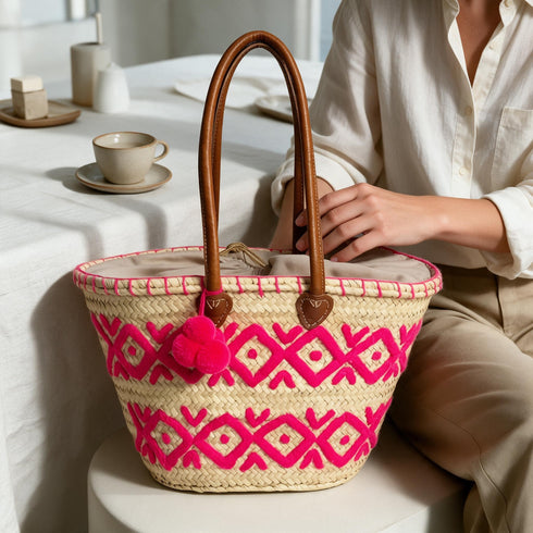 Moroccan Straw Basket Bag, Handwoven Palm Leaf Tote, Leather Handle Beach Bag, Market Basket