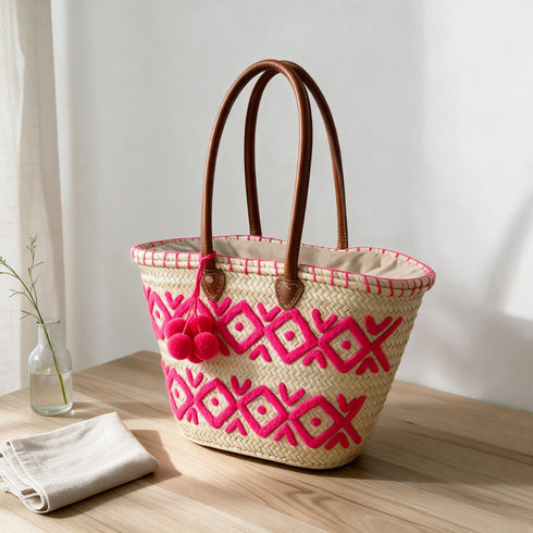 Moroccan Straw Basket Bag, Handwoven Palm Leaf Tote, Leather Handle Beach Bag, Market Basket