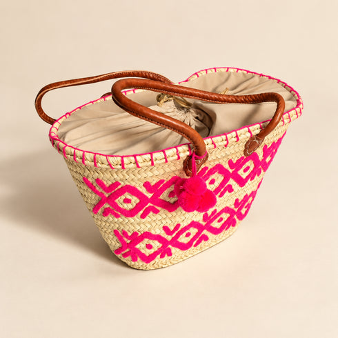 Moroccan Straw Basket Bag, Handwoven Palm Leaf Tote, Leather Handle Beach Bag, Market Basket