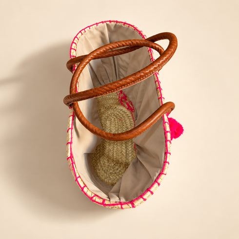 Moroccan Straw Basket Bag, Handwoven Palm Leaf Tote, Leather Handle Beach Bag, Market Basket