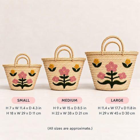 Moroccan Straw Basket, Floral Handwoven Tote, Palm Leaf Market Bag, Embroidered Flower Beach Basket