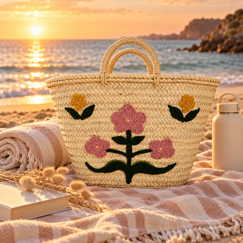 Moroccan Straw Basket, Floral Handwoven Tote, Palm Leaf Market Bag, Embroidered Flower Beach Basket