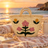 Moroccan Straw Basket, Floral Handwoven Tote, Palm Leaf Market Bag, Embroidered Flower Beach Basket