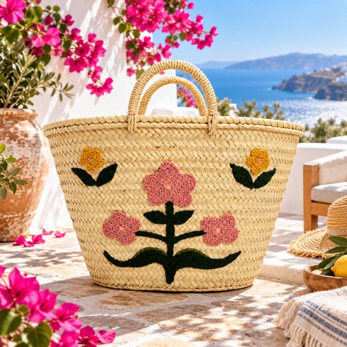 Moroccan Straw Basket, Floral Handwoven Tote, Palm Leaf Market Bag, Embroidered Flower Beach Basket