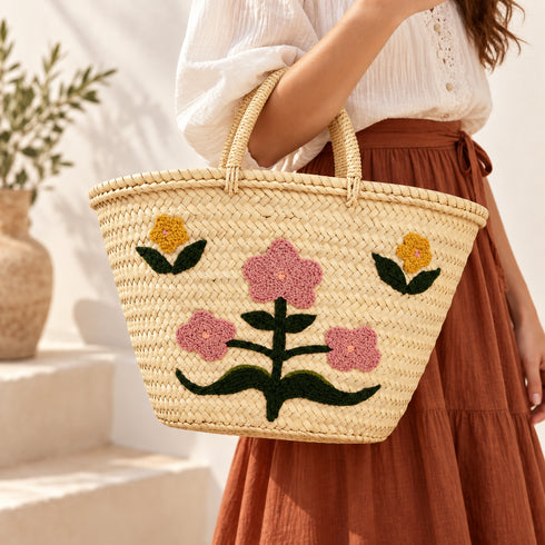 Moroccan Straw Basket, Floral Handwoven Tote, Palm Leaf Market Bag, Embroidered Flower Beach Basket