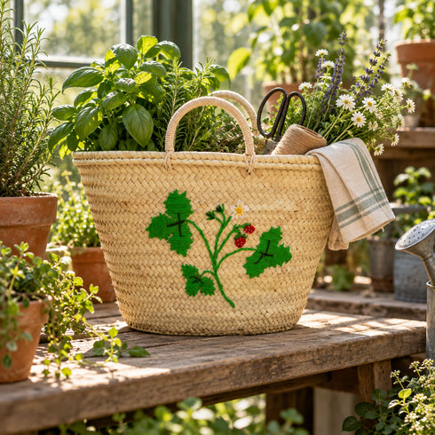 Moroccan Straw Basket, Handwoven Berry Embroidery Tote, Palm Leaf Market Bag, Picnic & Beach Basket