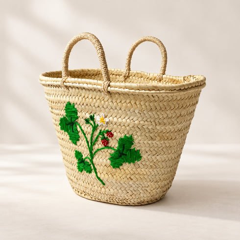 Moroccan Straw Basket, Handwoven Berry Embroidery Tote, Palm Leaf Market Bag, Picnic & Beach Basket