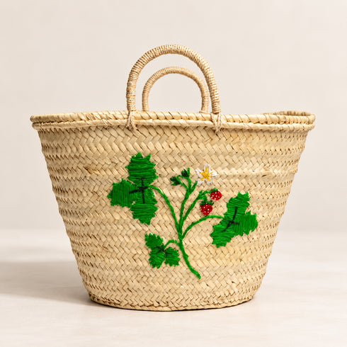 Moroccan Straw Basket, Handwoven Berry Embroidery Tote, Palm Leaf Market Bag, Picnic & Beach Basket