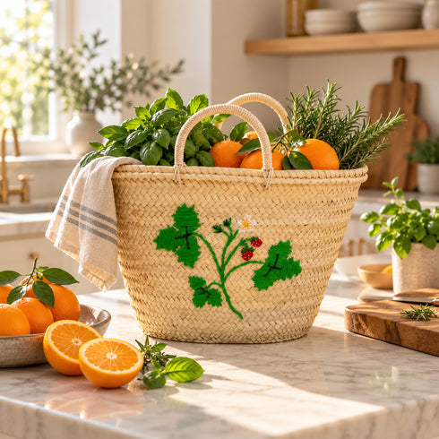 Moroccan Straw Basket, Handwoven Berry Embroidery Tote, Palm Leaf Market Bag, Picnic & Beach Basket