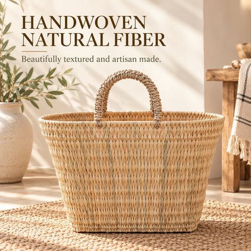Moroccan Straw Basket, Handwoven Market Tote, Natural Palm Leaf Bag