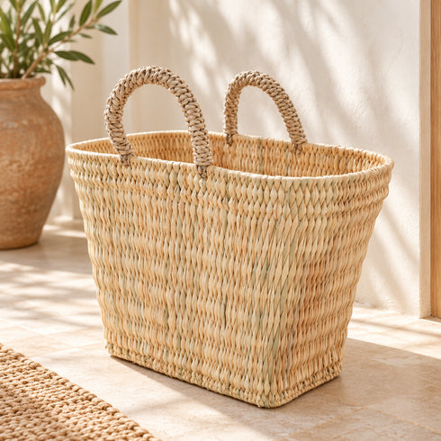 Moroccan Straw Basket, Handwoven Market Tote, Natural Palm Leaf Bag