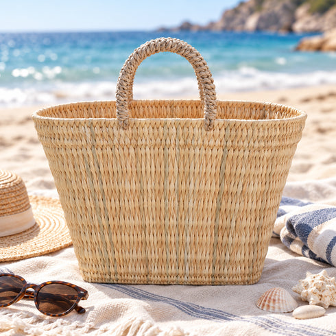 Moroccan Straw Basket, Handwoven Market Tote, Natural Palm Leaf Bag