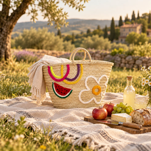 Moroccan Straw Basket, Handwoven Summer Tote, Watermelon Flower Market Bag, Palm Leaf Beach Basket