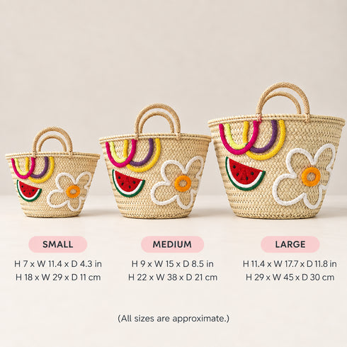 Moroccan Straw Basket, Handwoven Summer Tote, Watermelon Flower Market Bag, Palm Leaf Beach Basket