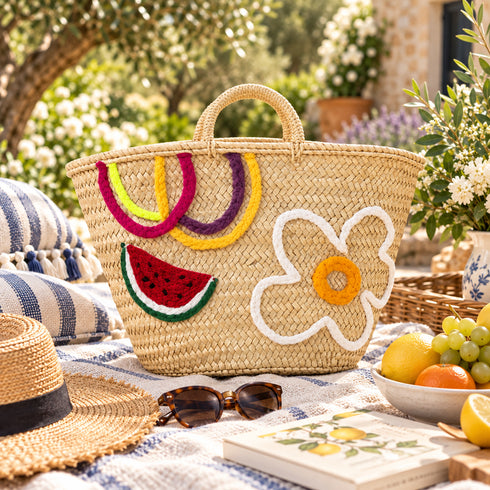 Moroccan Straw Basket, Handwoven Summer Tote, Watermelon Flower Market Bag, Palm Leaf Beach Basket